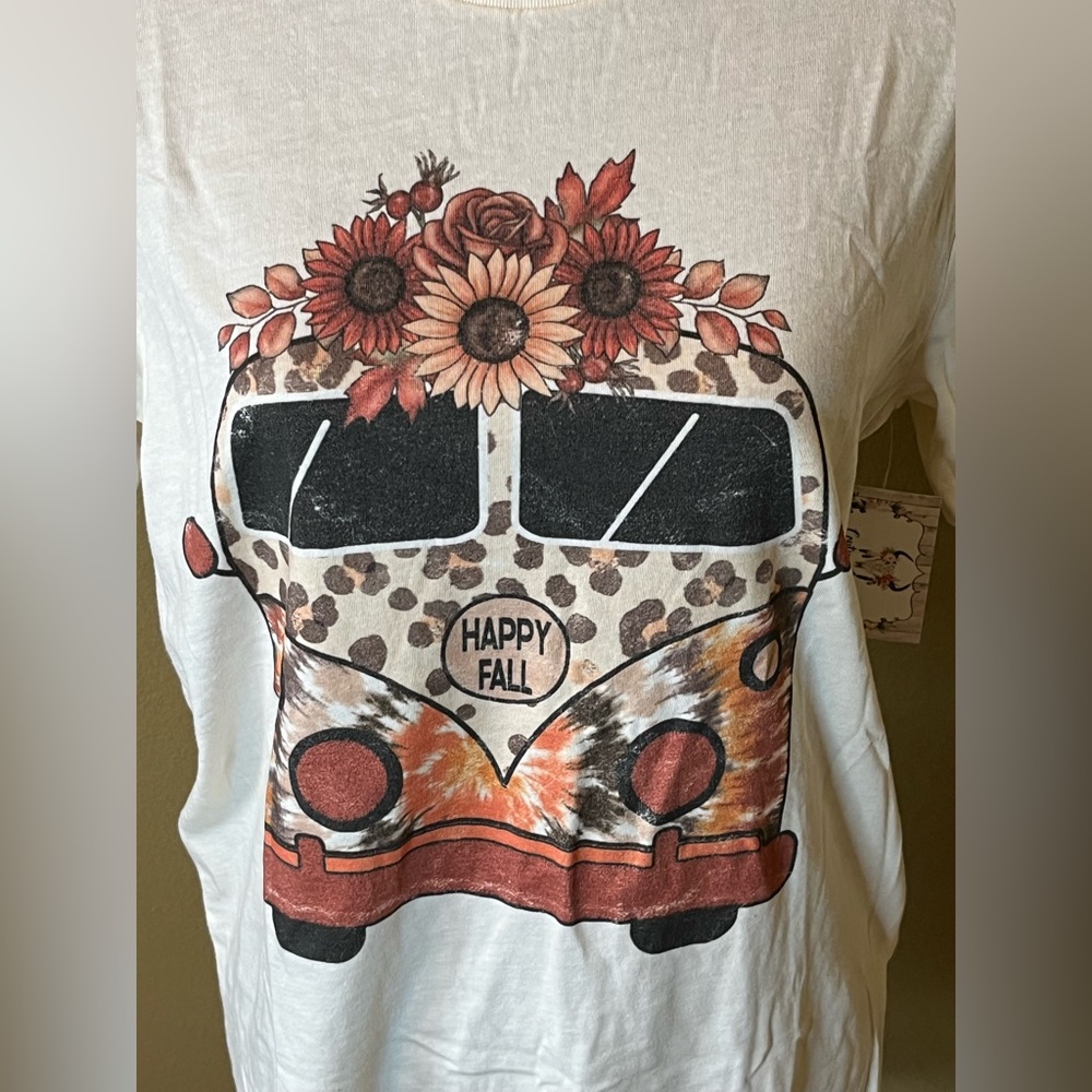 Fall Leopard floral VW Bus short sleeve T-shirt hippie boho brown beige NWT - Picture 3 of 10